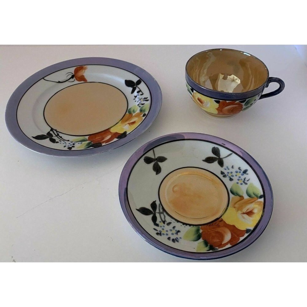 Vintage Lusterware Dessert Plate Cup Saucer Japan Peach Blue Floral Lustreware - Picture 3 of 5